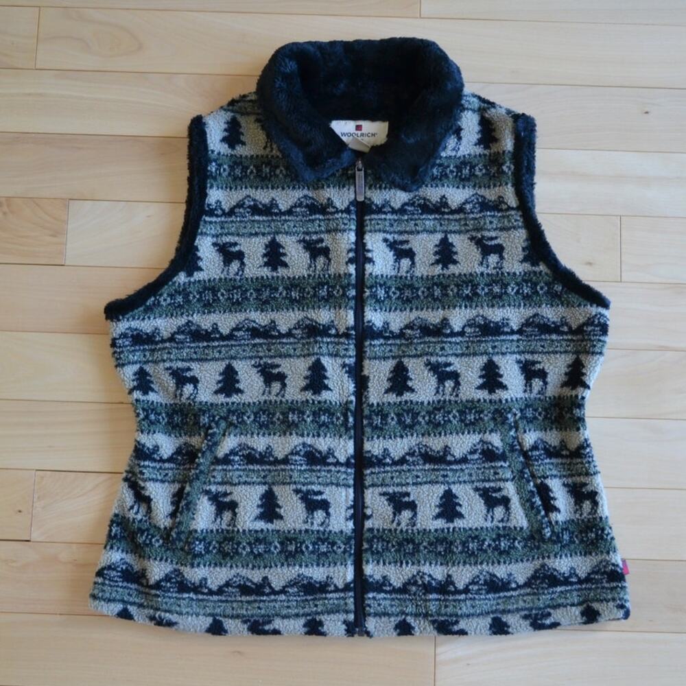Woolrich Sherpa Fleece Vest Jacket Pine Tree Moose Size XL